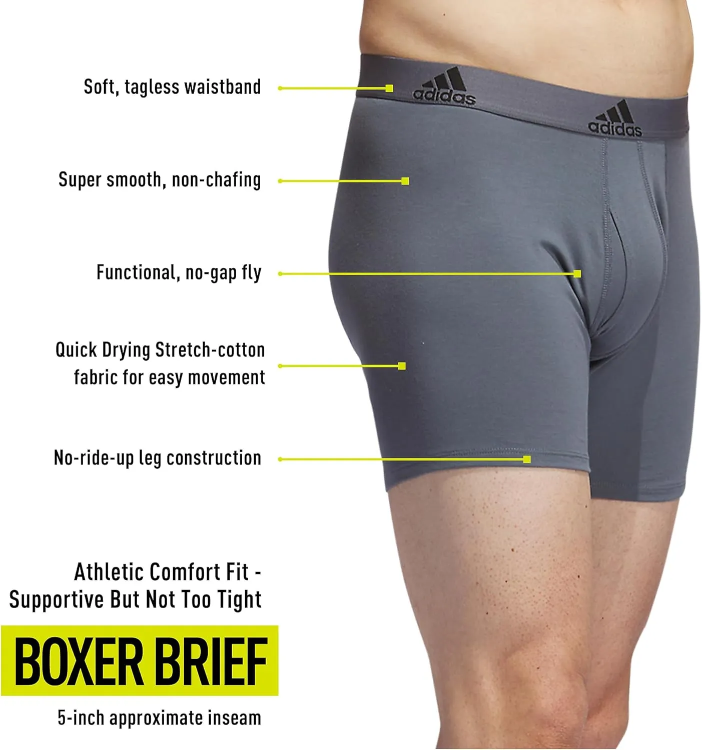 adidas Men's Performance Stretch Cotton Boxer Briefs 3-Pack, Soft Underwear, Superior Comfort