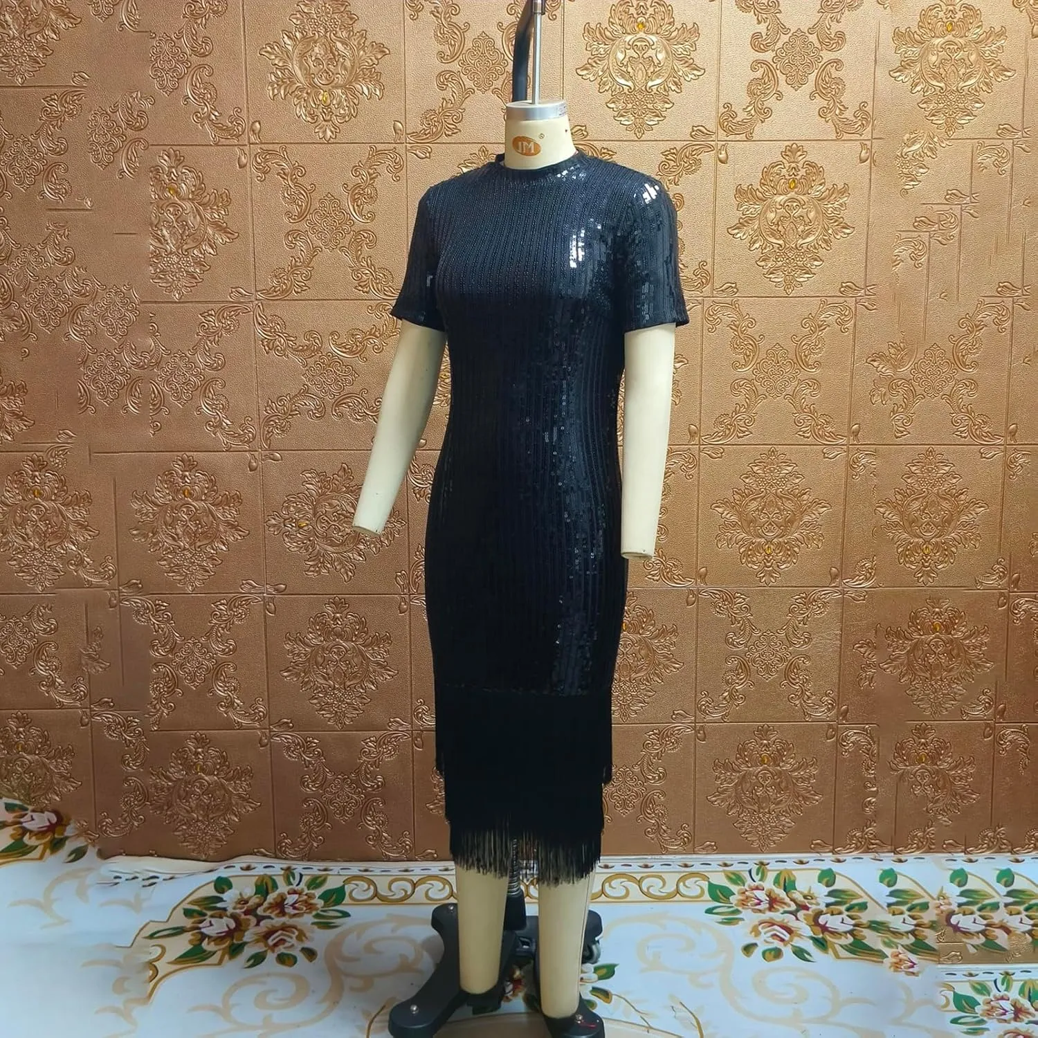 Cololura Sexy Elegant Women Sequin Short Sleeve Tassel Bodycon Midi Dress Party Evening Gown Formal Dress