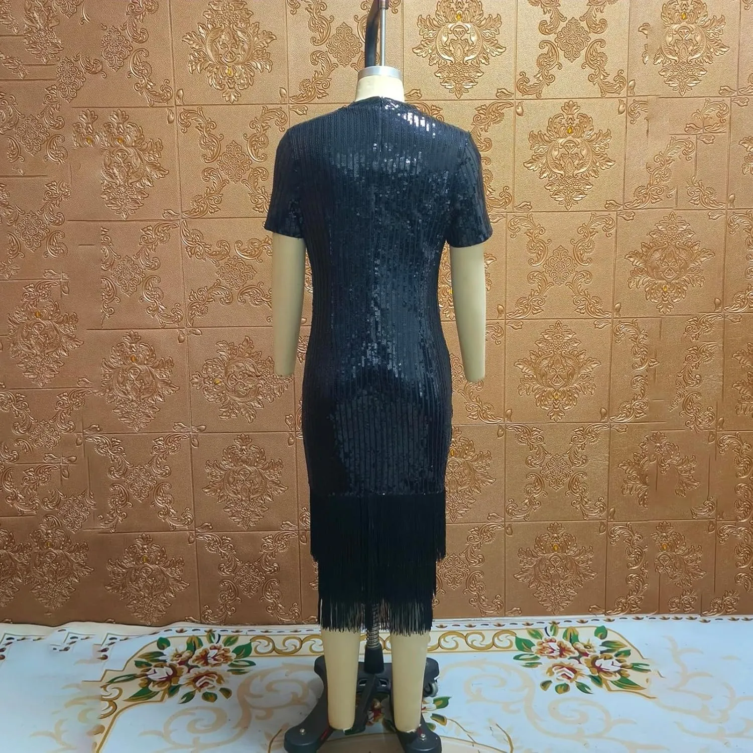 Cololura Sexy Elegant Women Sequin Short Sleeve Tassel Bodycon Midi Dress Party Evening Gown Formal Dress