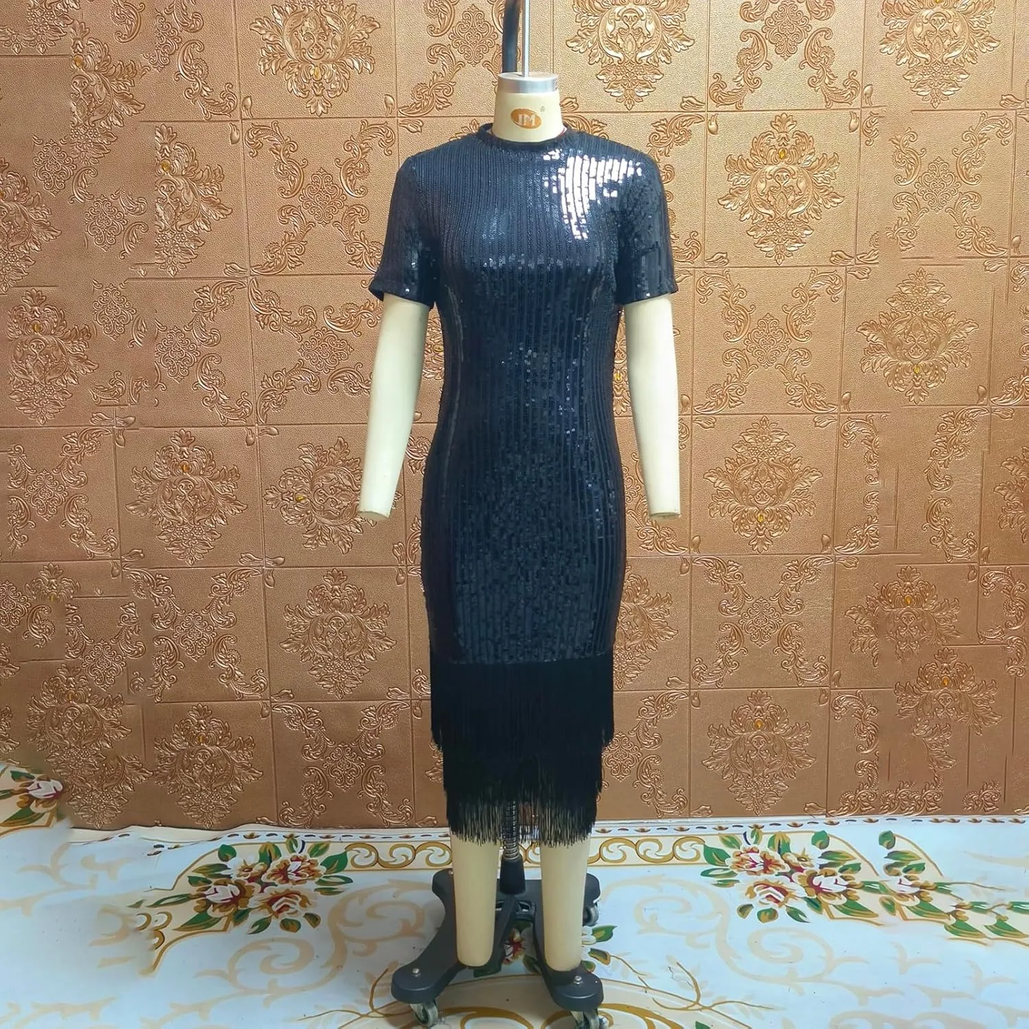 Cololura Sexy Elegant Women Sequin Short Sleeve Tassel Bodycon Midi Dress Party Evening Gown Formal Dress