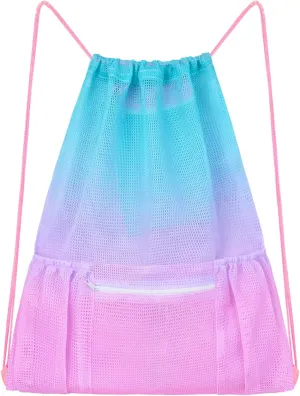 Fiodrimy Mesh Drawstring Backpack Bag Beach Bag with Zipper Pocket Gym Backpack Bag for Swimming Gear Gym Storage Bag for Adult Kids (Pink)