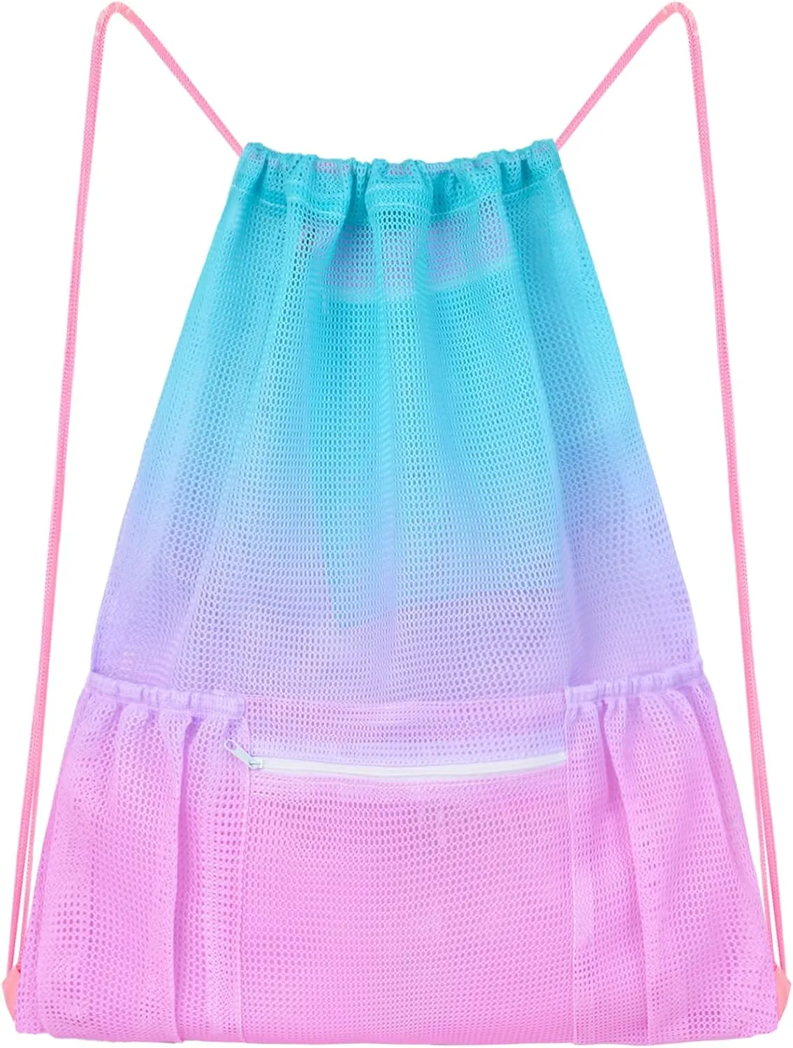 Fiodrimy Mesh Drawstring Backpack Bag Beach Bag with Zipper Pocket Gym Backpack Bag for Swimming Gear Gym Storage Bag for Adult Kids (Pink)