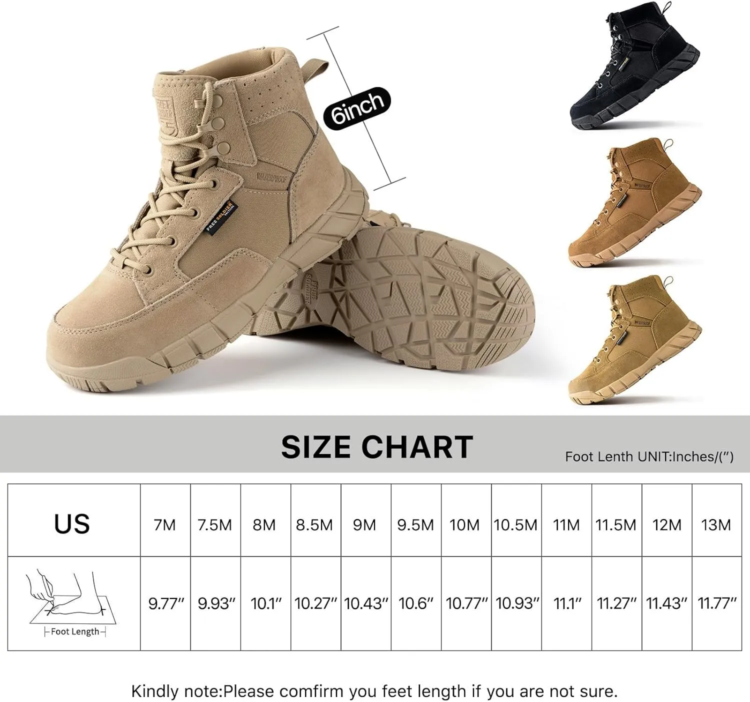 FREE SOLDIER Hiking Work Boots Men's Tactical Boots 6 Inches Waterproof Military Boots Outdoors Desert Boots