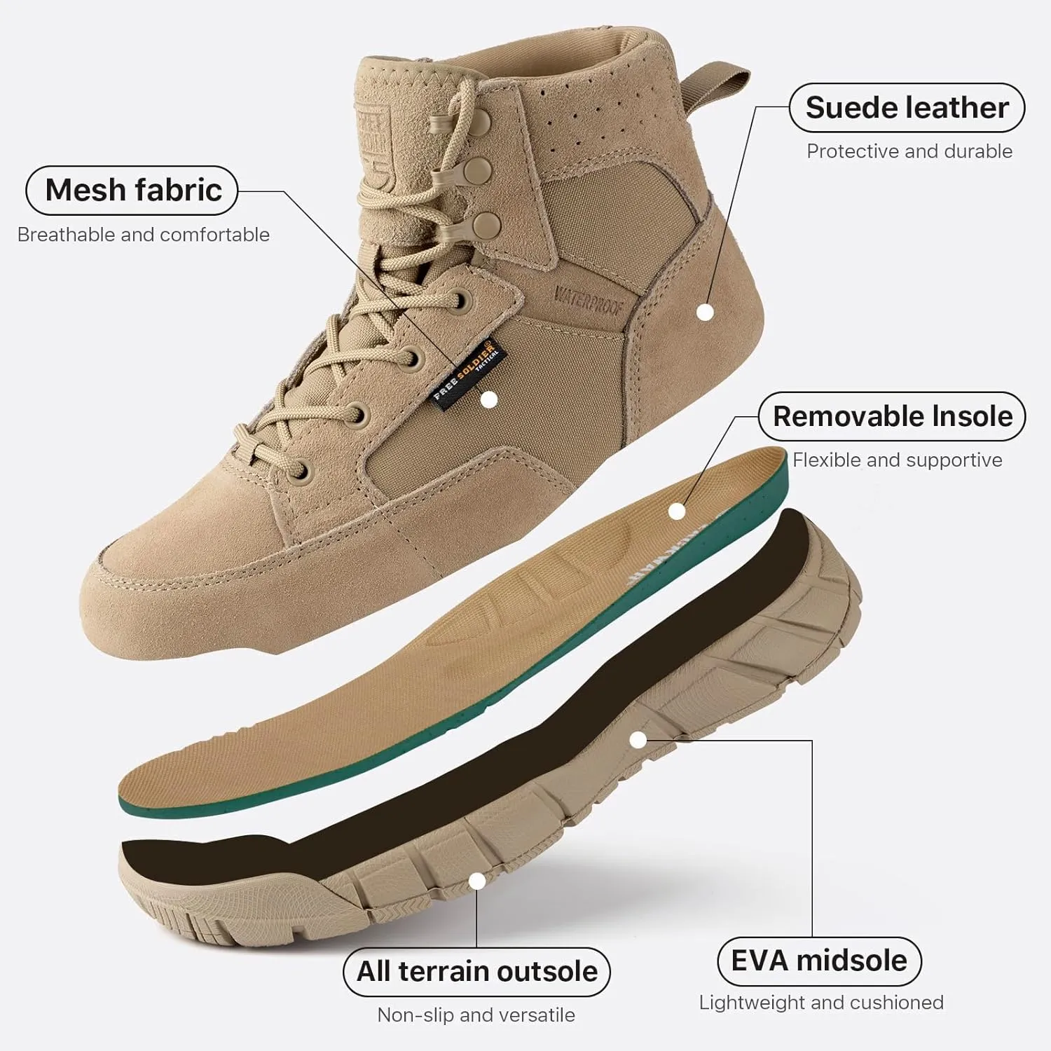 FREE SOLDIER Hiking Work Boots Men's Tactical Boots 6 Inches Waterproof Military Boots Outdoors Desert Boots