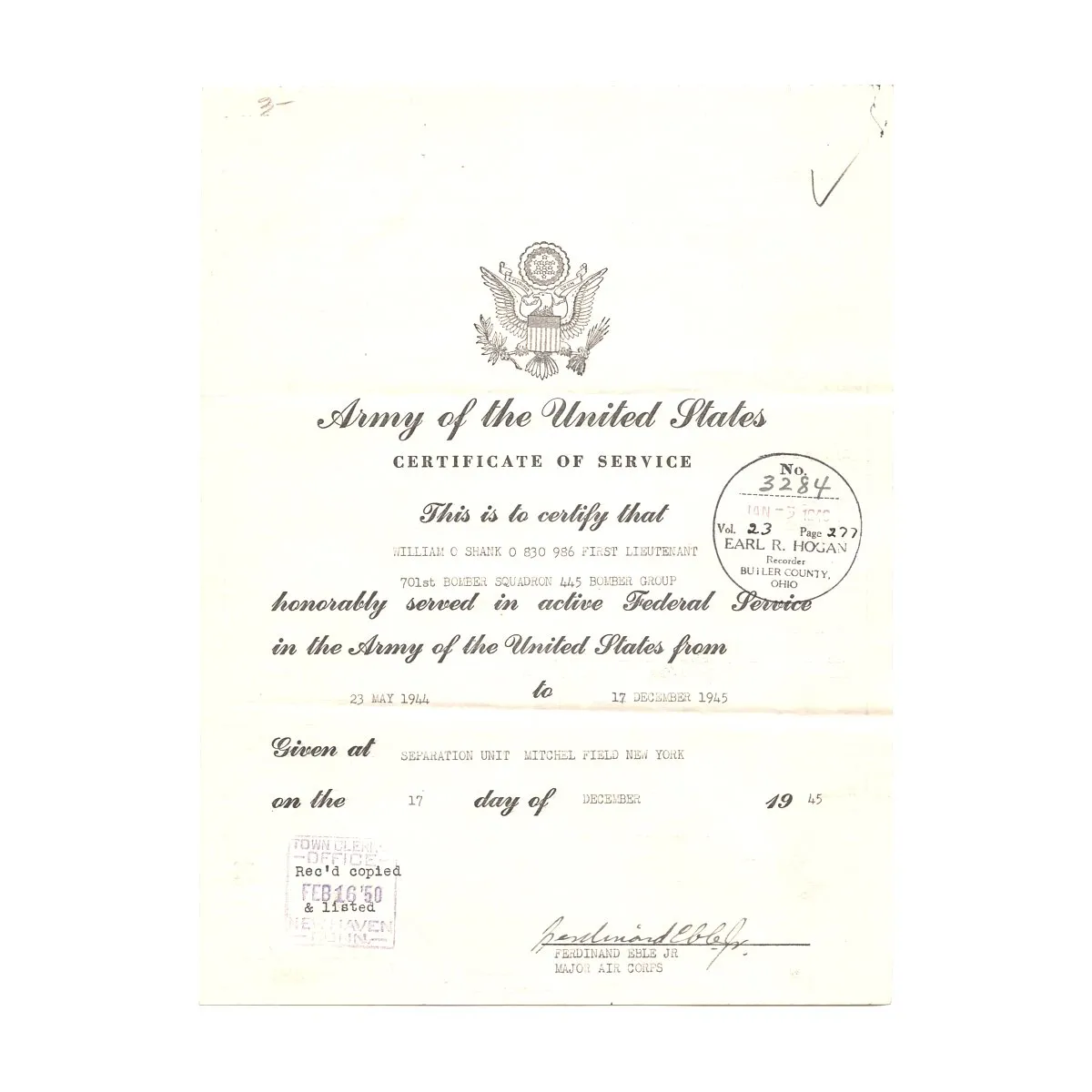 Original U.S. WWII B-24 Pilot 445th Bomb Group Actor Jimmy Stewarts Deputy Lead Grouping