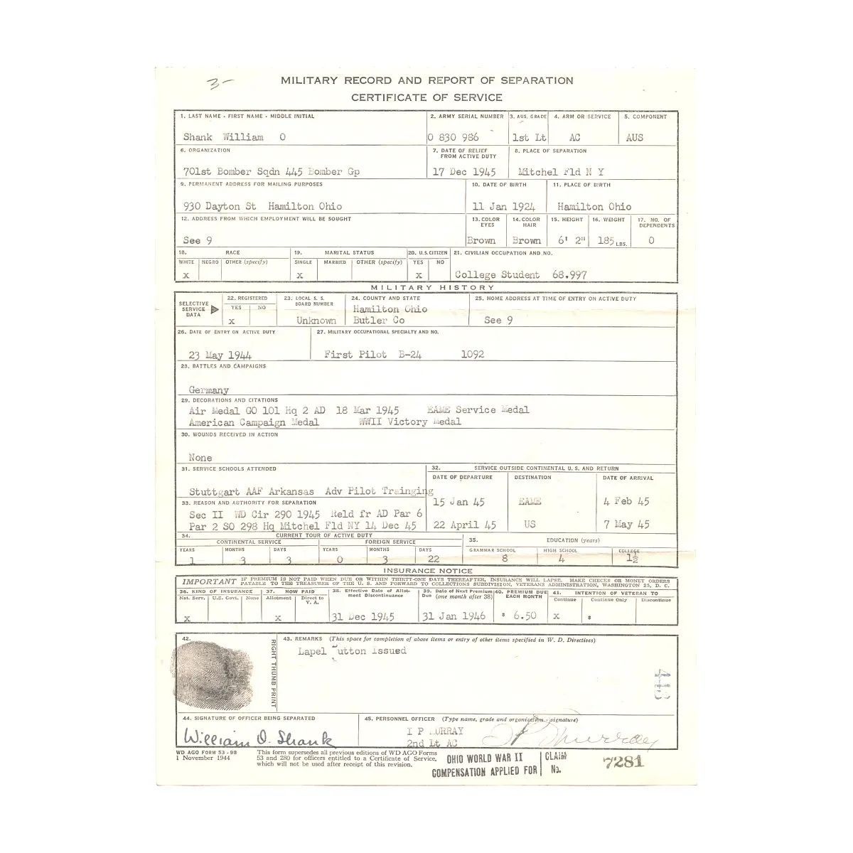 Original U.S. WWII B-24 Pilot 445th Bomb Group Actor Jimmy Stewarts Deputy Lead Grouping