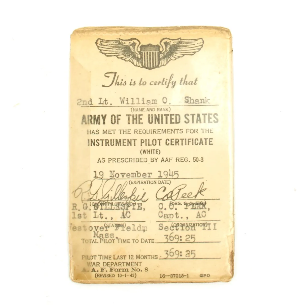 Original U.S. WWII B-24 Pilot 445th Bomb Group Actor Jimmy Stewarts Deputy Lead Grouping