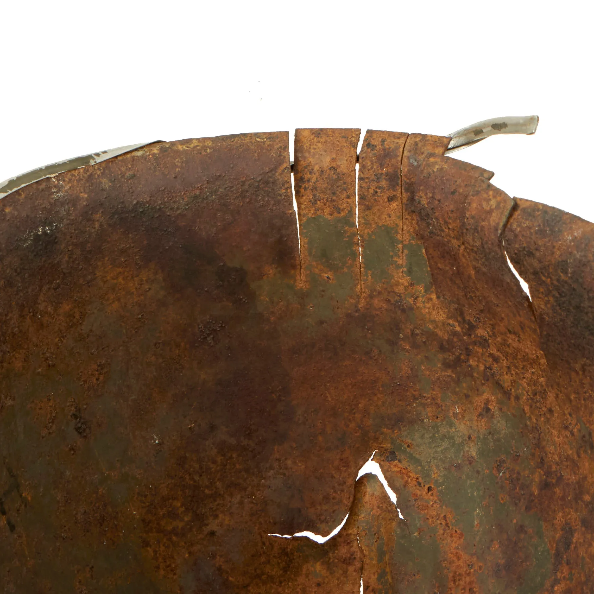 Original U.S. WWII Relic M1 Fixed Bale Front Seam Helmet Shell Recovered from Normandy in 1990s - Battle Damage