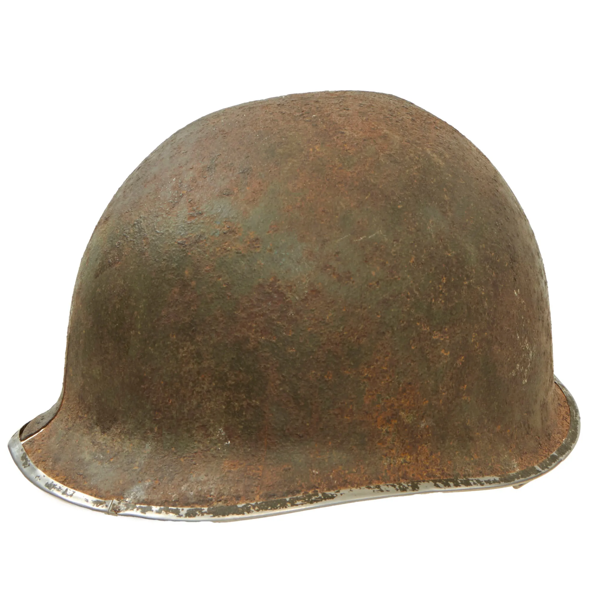 Original U.S. WWII Relic M1 Fixed Bale Front Seam Helmet Shell Recovered from Normandy in 1990s - Battle Damage