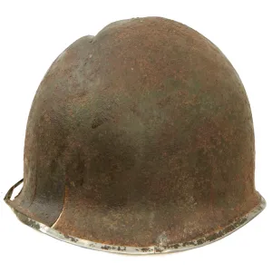 Original U.S. WWII Relic M1 Fixed Bale Front Seam Helmet Shell Recovered from Normandy in 1990s - Battle Damage