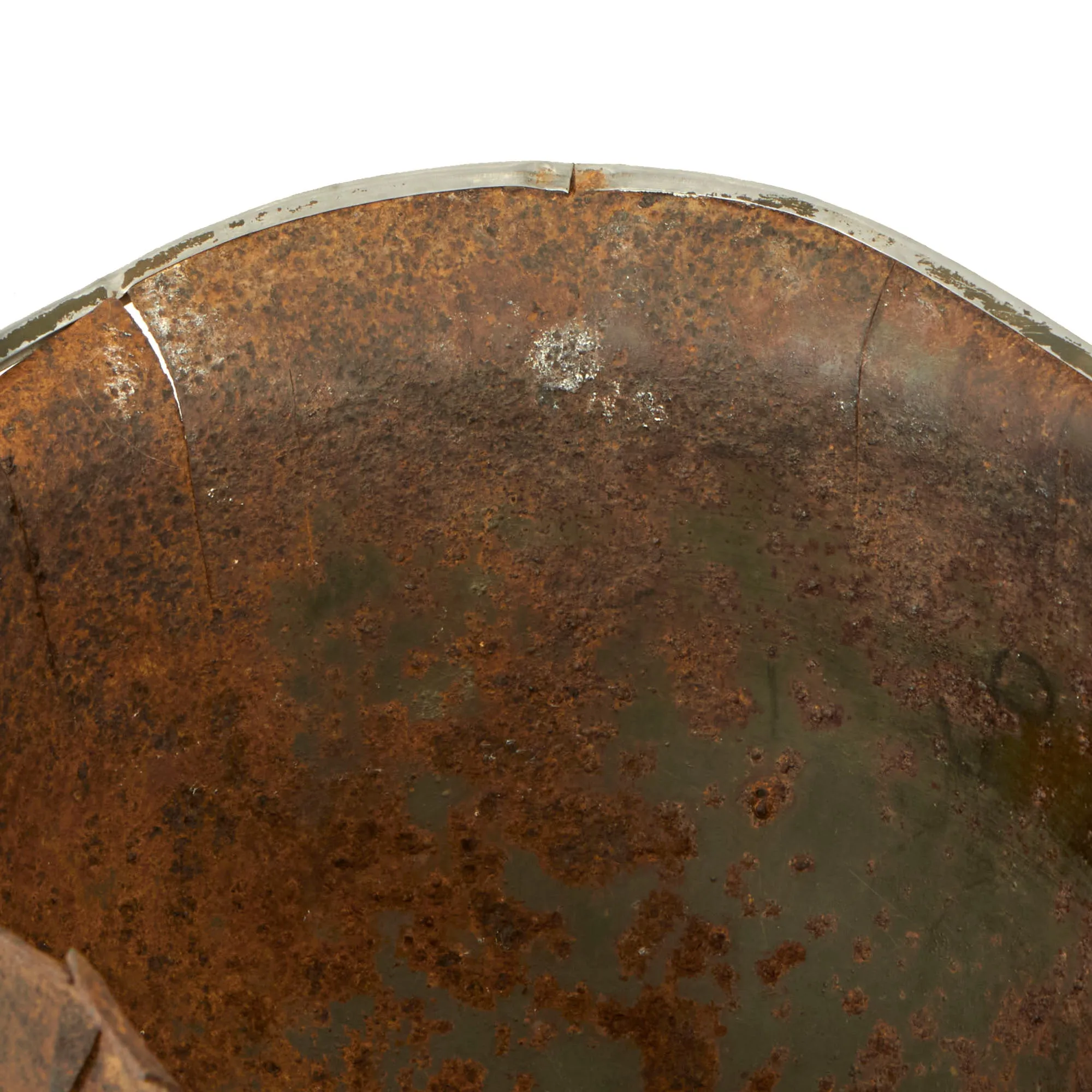 Original U.S. WWII Relic M1 Fixed Bale Front Seam Helmet Shell Recovered from Normandy in 1990s - Battle Damage