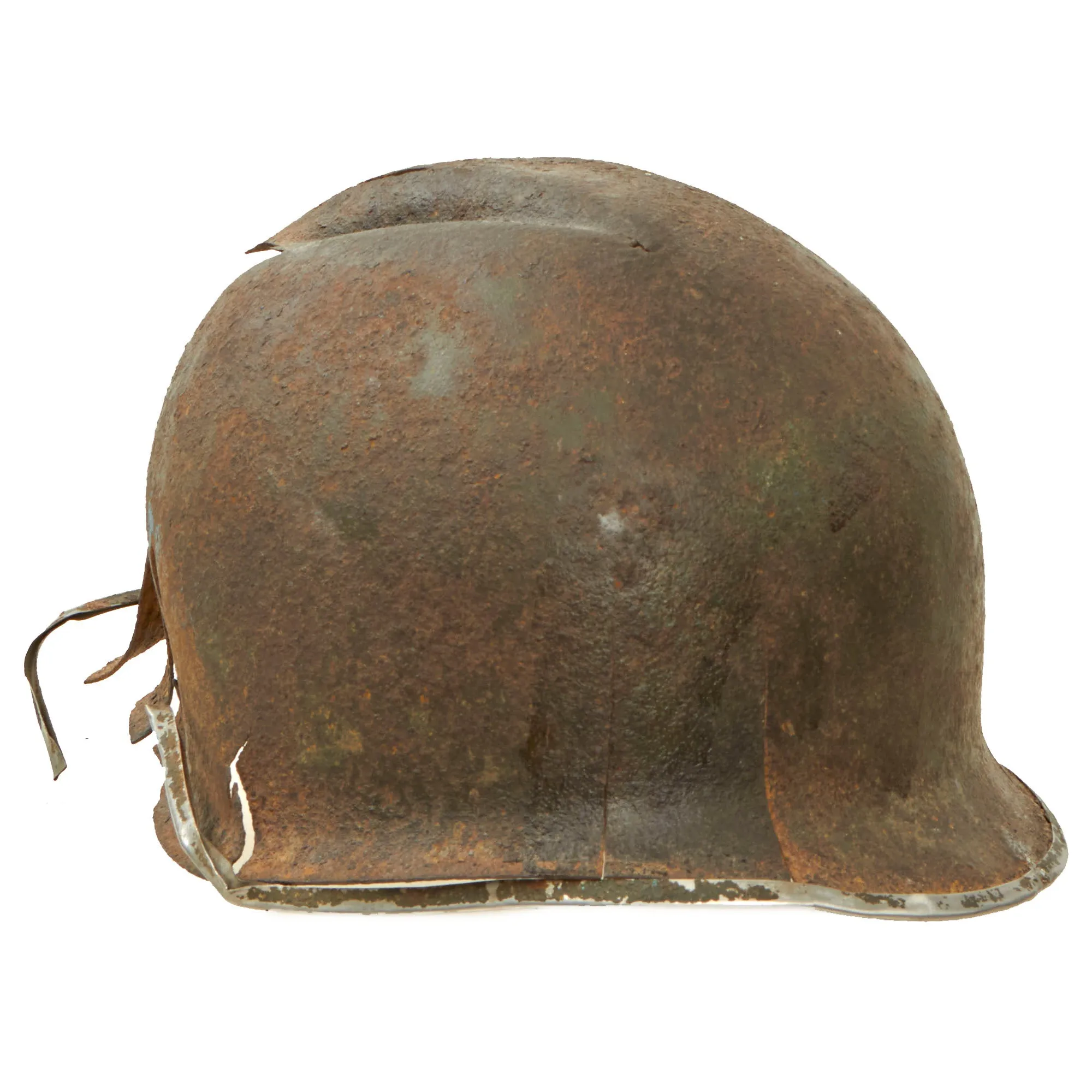 Original U.S. WWII Relic M1 Fixed Bale Front Seam Helmet Shell Recovered from Normandy in 1990s - Battle Damage