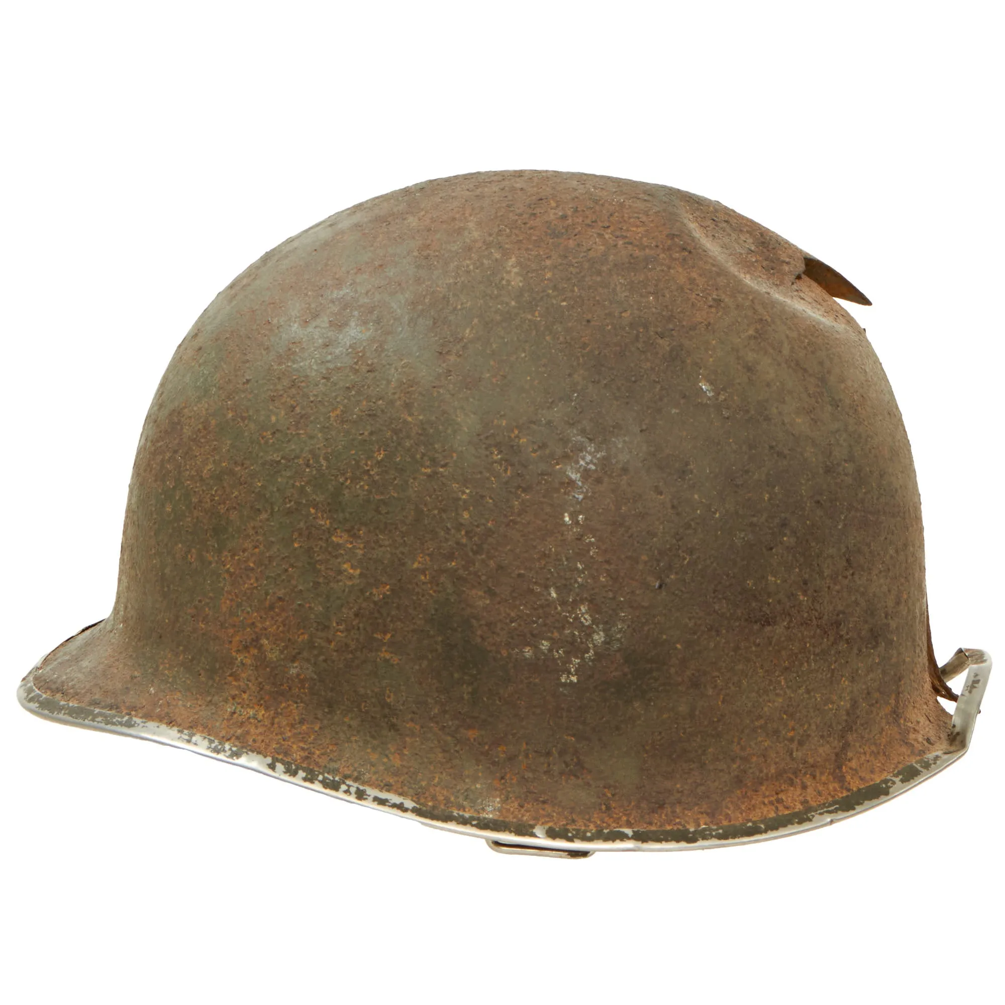 Original U.S. WWII Relic M1 Fixed Bale Front Seam Helmet Shell Recovered from Normandy in 1990s - Battle Damage