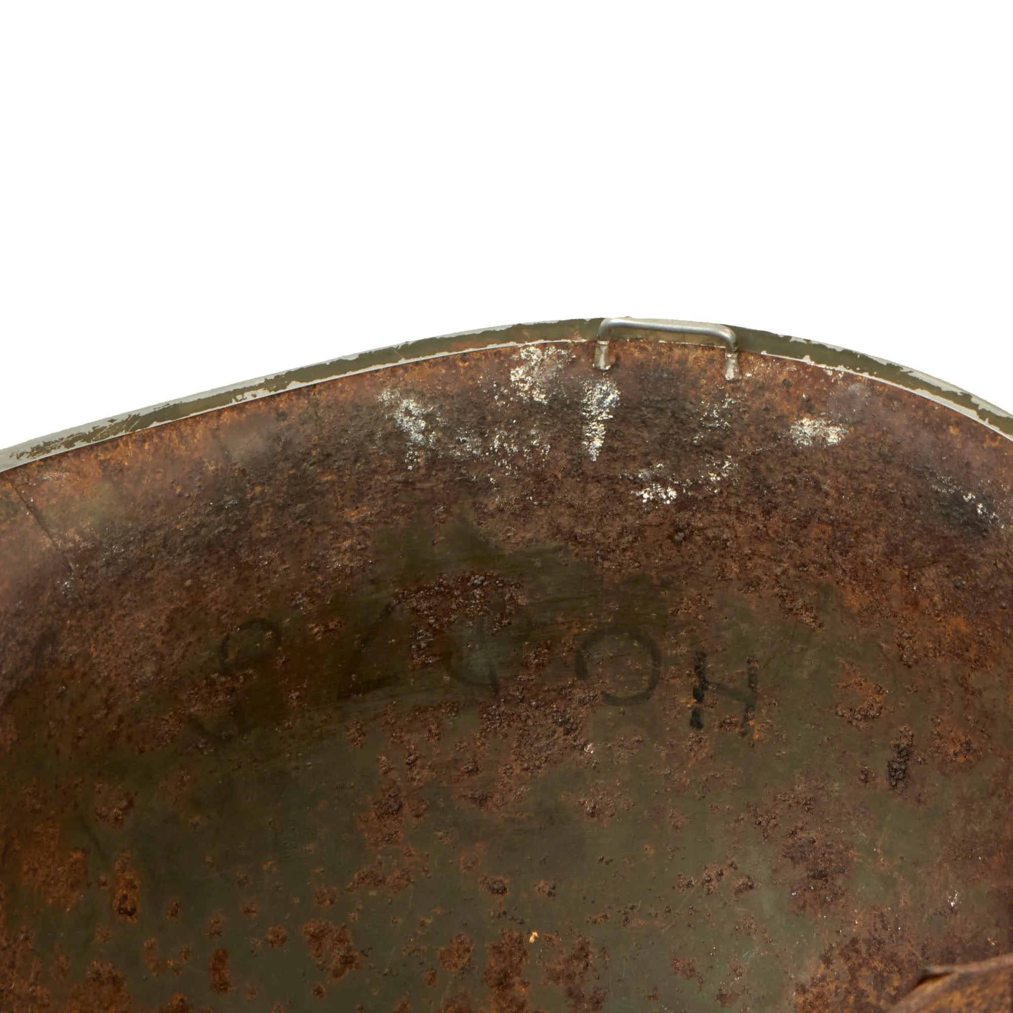 Original U.S. WWII Relic M1 Fixed Bale Front Seam Helmet Shell Recovered from Normandy in 1990s - Battle Damage