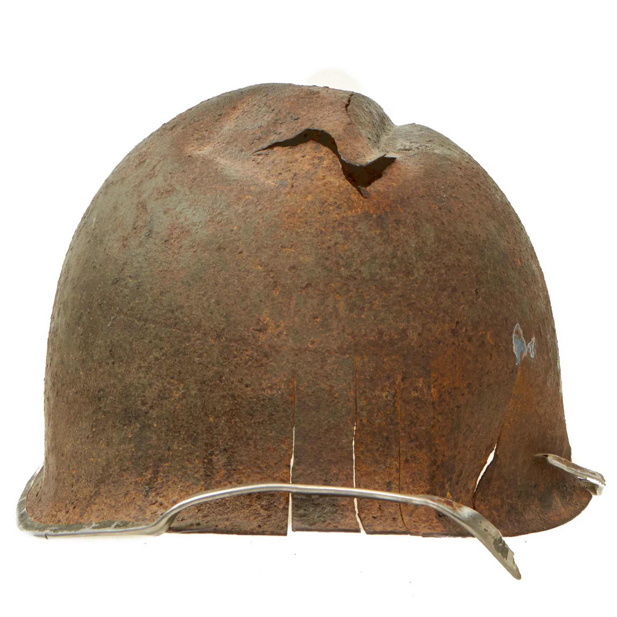 Original U.S. WWII Relic M1 Fixed Bale Front Seam Helmet Shell Recovered from Normandy in 1990s - Battle Damage