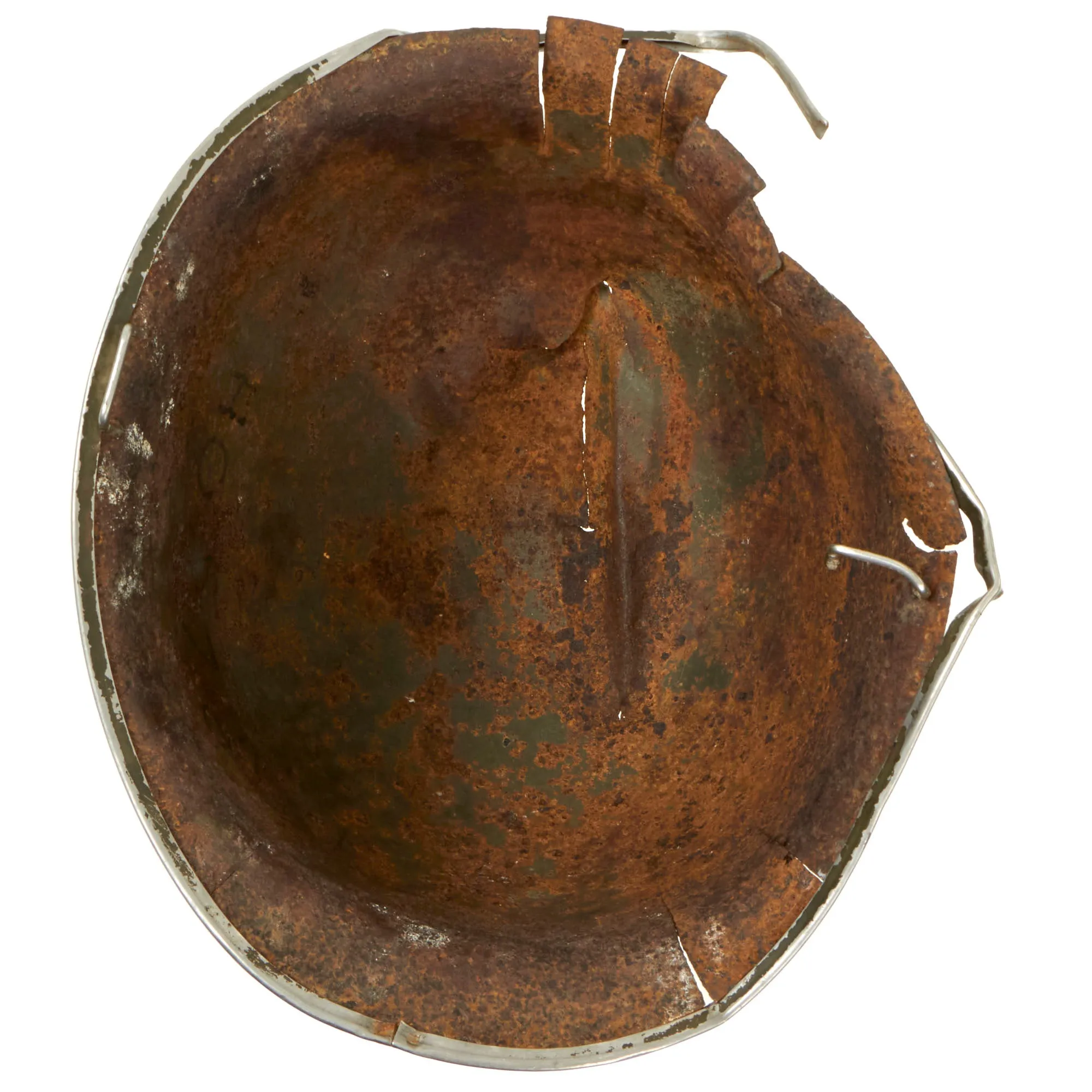 Original U.S. WWII Relic M1 Fixed Bale Front Seam Helmet Shell Recovered from Normandy in 1990s - Battle Damage