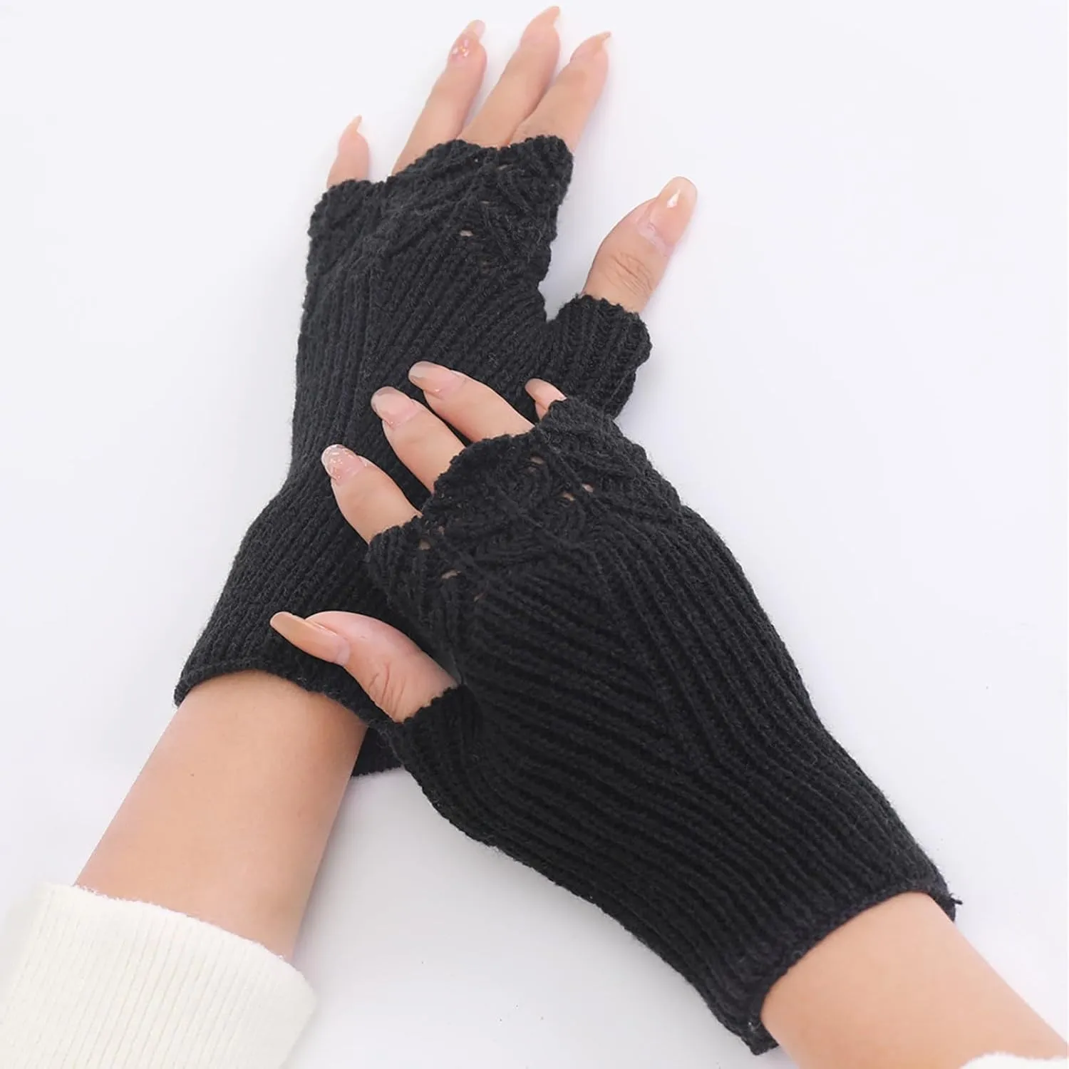Unisex Fingerless Gloves Striped Knit Stretchy Gloves Knitted Half Finger Mittens Typing Working Driving Knitted Fingerless Wool Gloves Thermal Insulation Warm Convertible Mittens Flap Cover
