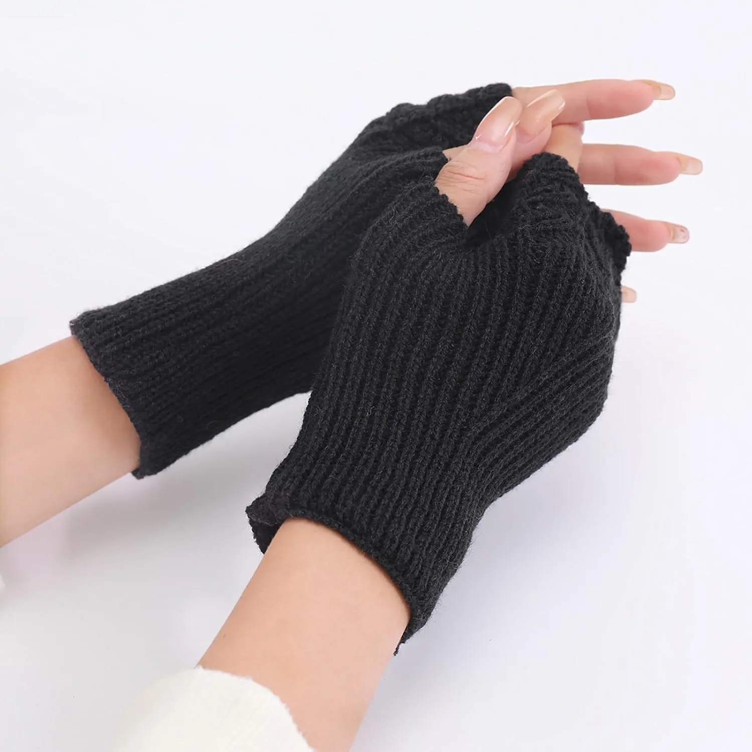 Unisex Fingerless Gloves Striped Knit Stretchy Gloves Knitted Half Finger Mittens Typing Working Driving Knitted Fingerless Wool Gloves Thermal Insulation Warm Convertible Mittens Flap Cover