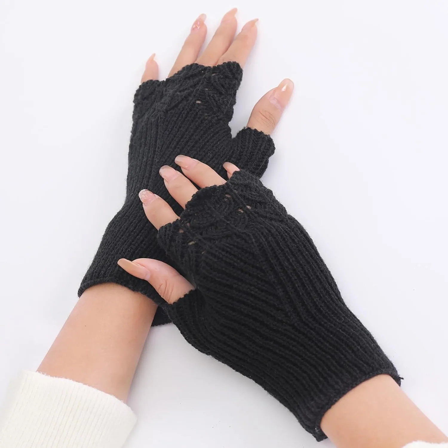 Unisex Fingerless Gloves Striped Knit Stretchy Gloves Knitted Half Finger Mittens Typing Working Driving Knitted Fingerless Wool Gloves Thermal Insulation Warm Convertible Mittens Flap Cover
