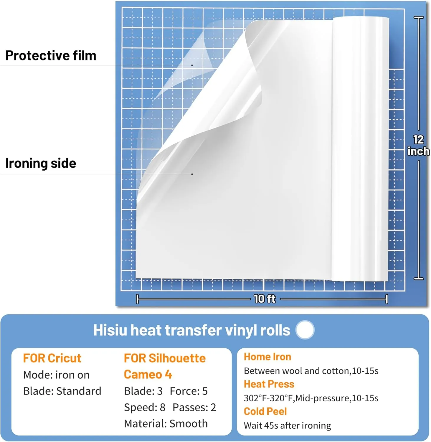 White HTV Heat Transfer Vinyl, 12" x10FT White HTV Vinyl Roll, White Vinyl Heat Transfer Iron on Compatible with Cricut and All Cutter Machine, Easy to Cut White Sports Heat Press Vinyl